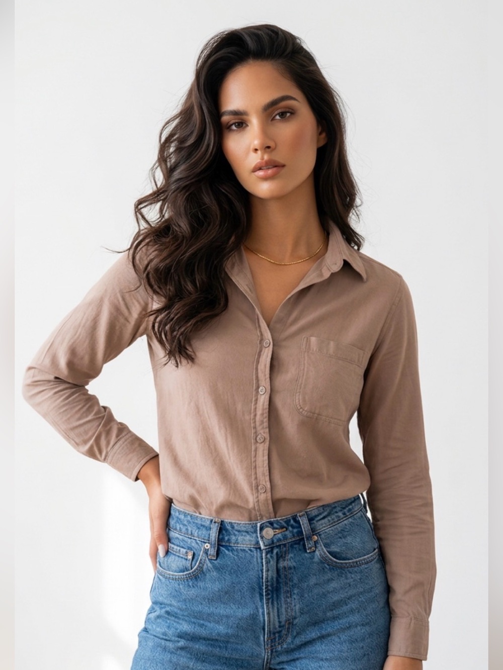 Bobi 100% Cotton Button-Up Shirt in Taupe - Women